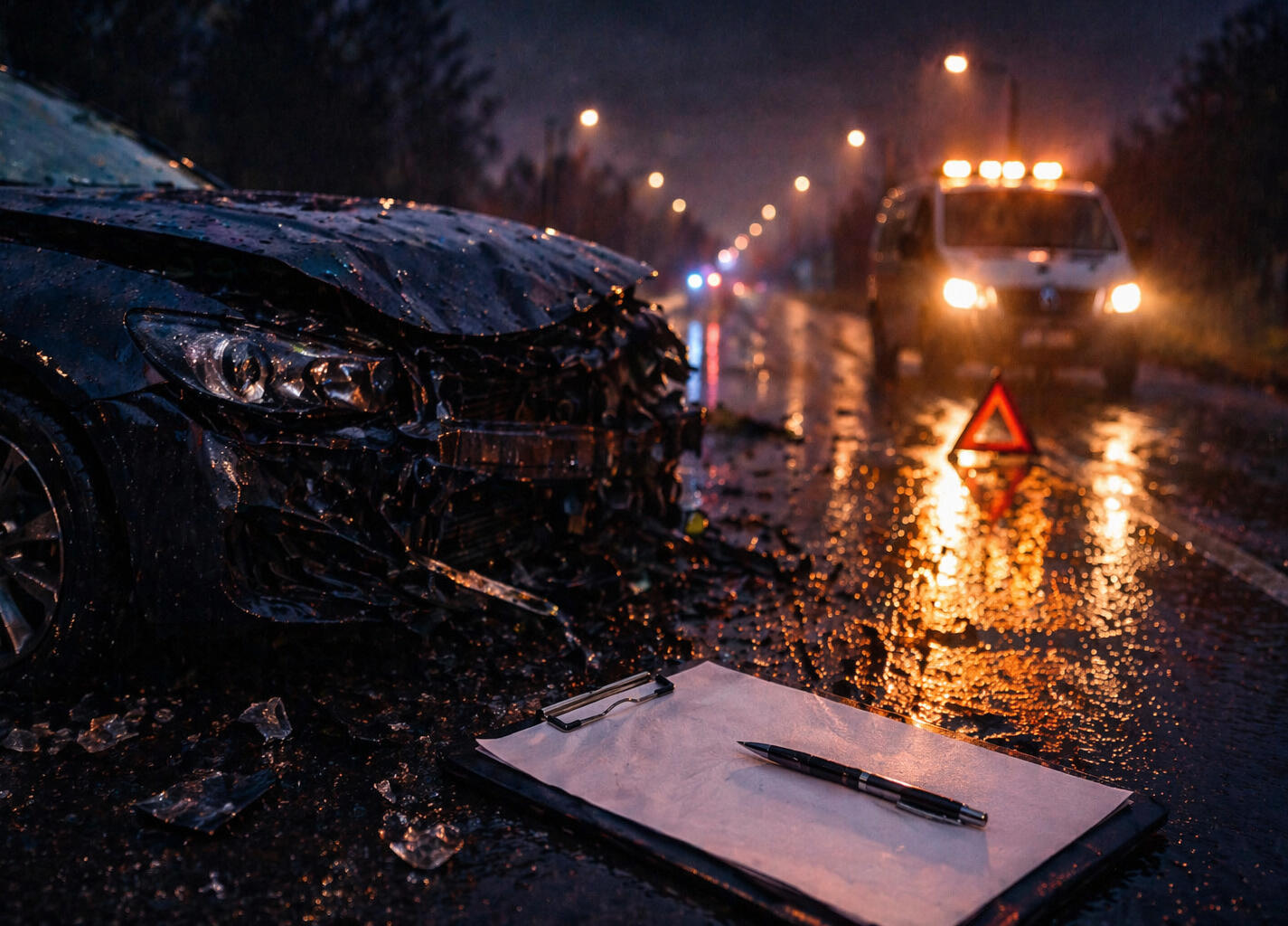 Nachtunfall bei Regen mit Einsatzfahrzeug