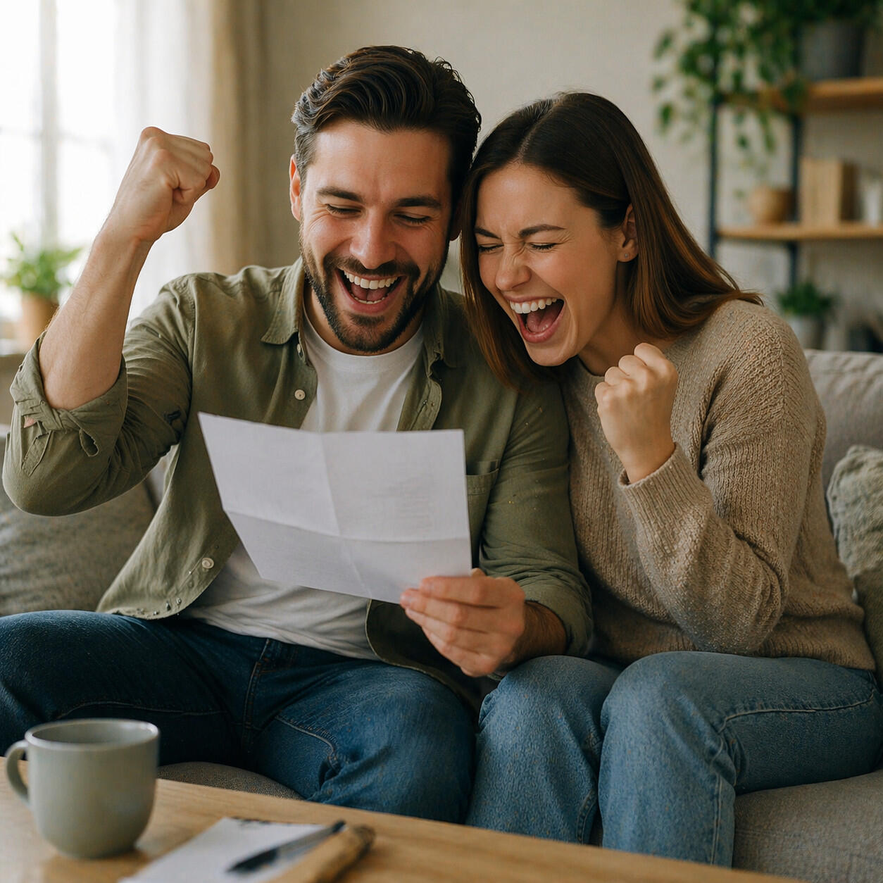 Freude über gute Nachrichten im Wohnzimmer Freude über gute Nachrichten im Wohnzimmer